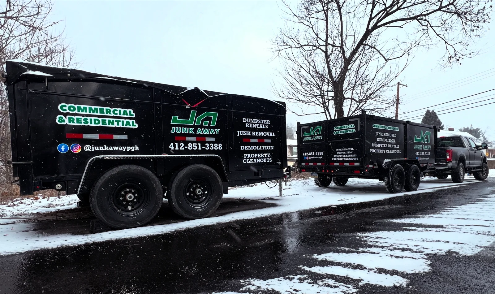 Junk Away’s branded dump trailers and pickup truck
